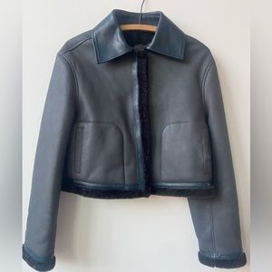 Jil Sander charcoal lamb leather jacket w/ navy leather trim and faux shearling